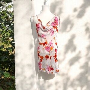 Zara Floral Cowl Neck Dress sun dress satin glam cottage tropical L